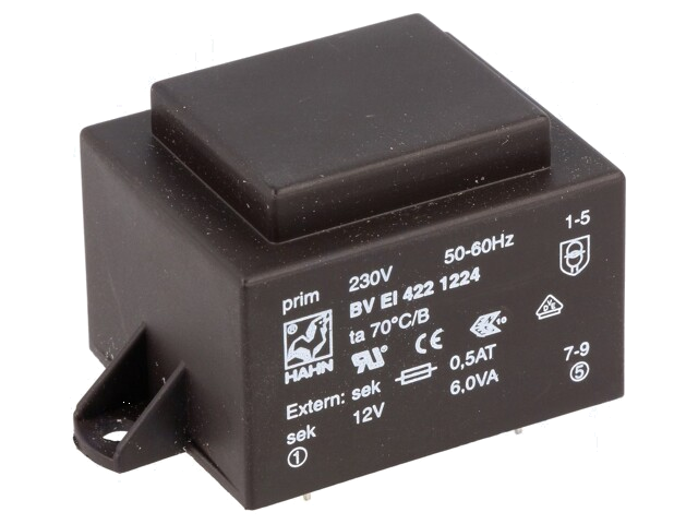 Transformator: ingegoten; 6VA; 230VAC; 12V; 500mA; PCB; BVEI Transformator: ingegoten; 6VA; 230VAC; 12V; 500mA; PCB; BVEI